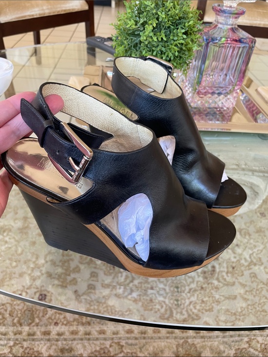 Michael Kors Shoes - Michael Kors Black Leather Wedge Sandals with Buckle 8M